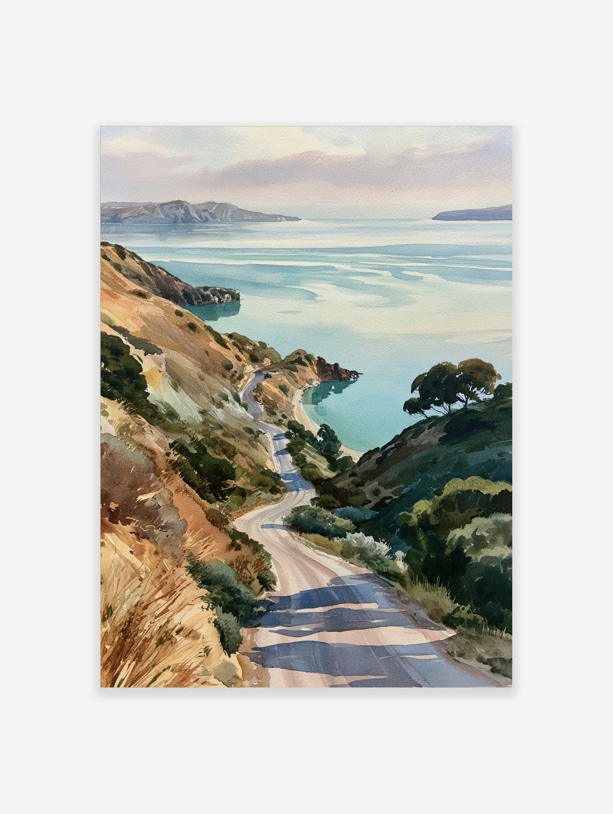 Watercolor-style print of a winding road descending through grassy hills towards a calm coastal bay