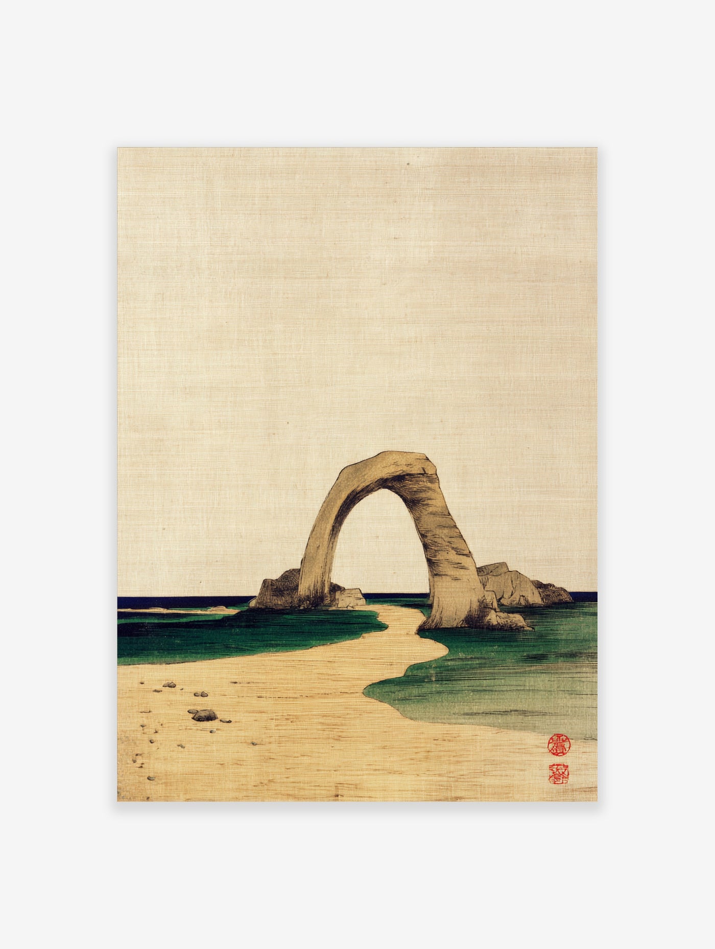 Illustration of a beige rock arch over green water with sandy path, pale sky, unframed print