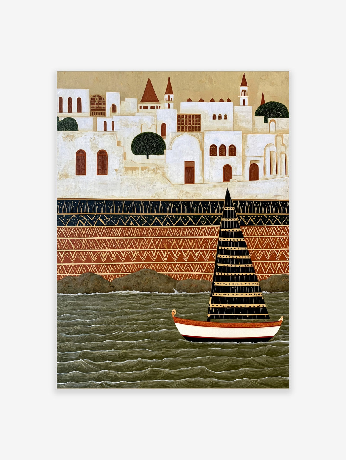 Coastal sailing boat with patterned sail on green water, white buildings and geometric frieze background