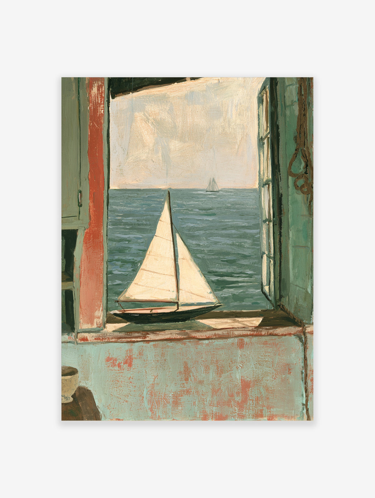 Coastal sailing boat print with cream sails on green water, seen through an open window with red and green trim
