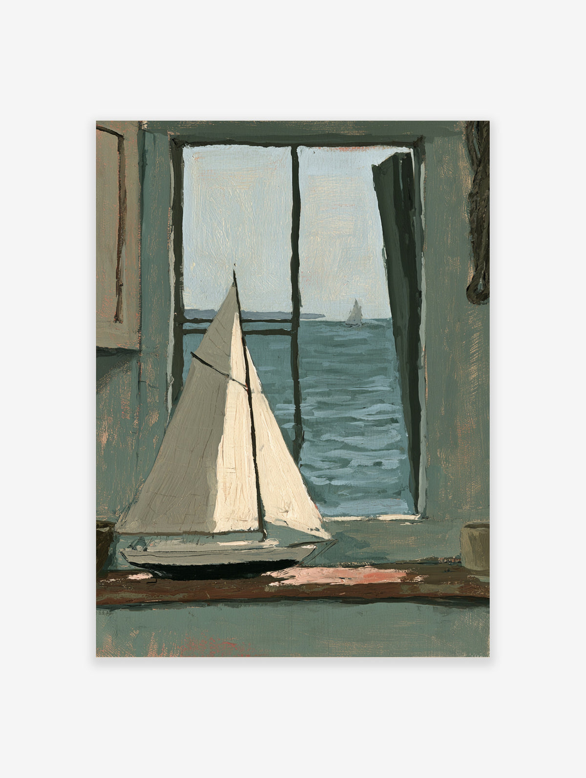 Coastal wall art print of a model sailboat on a windowsill with a blue sea view