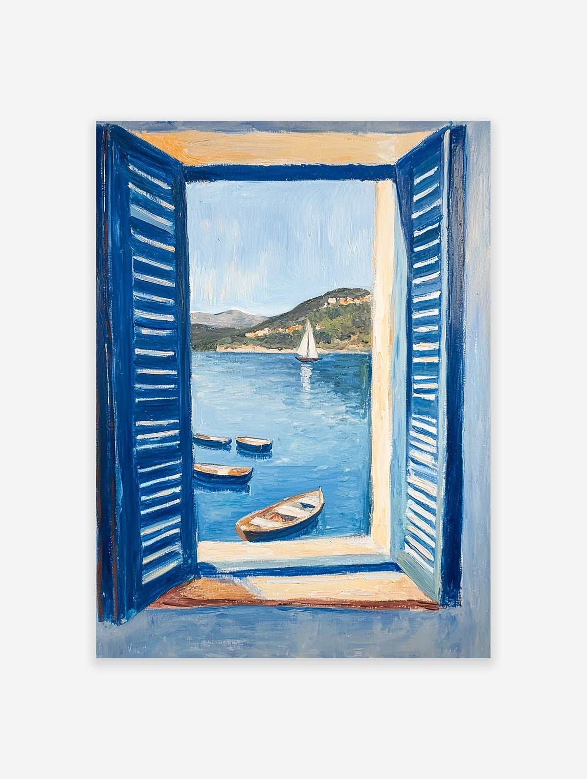Coastal painting showing a sea view through blue open shutters, with boats in the water and hills in the background.