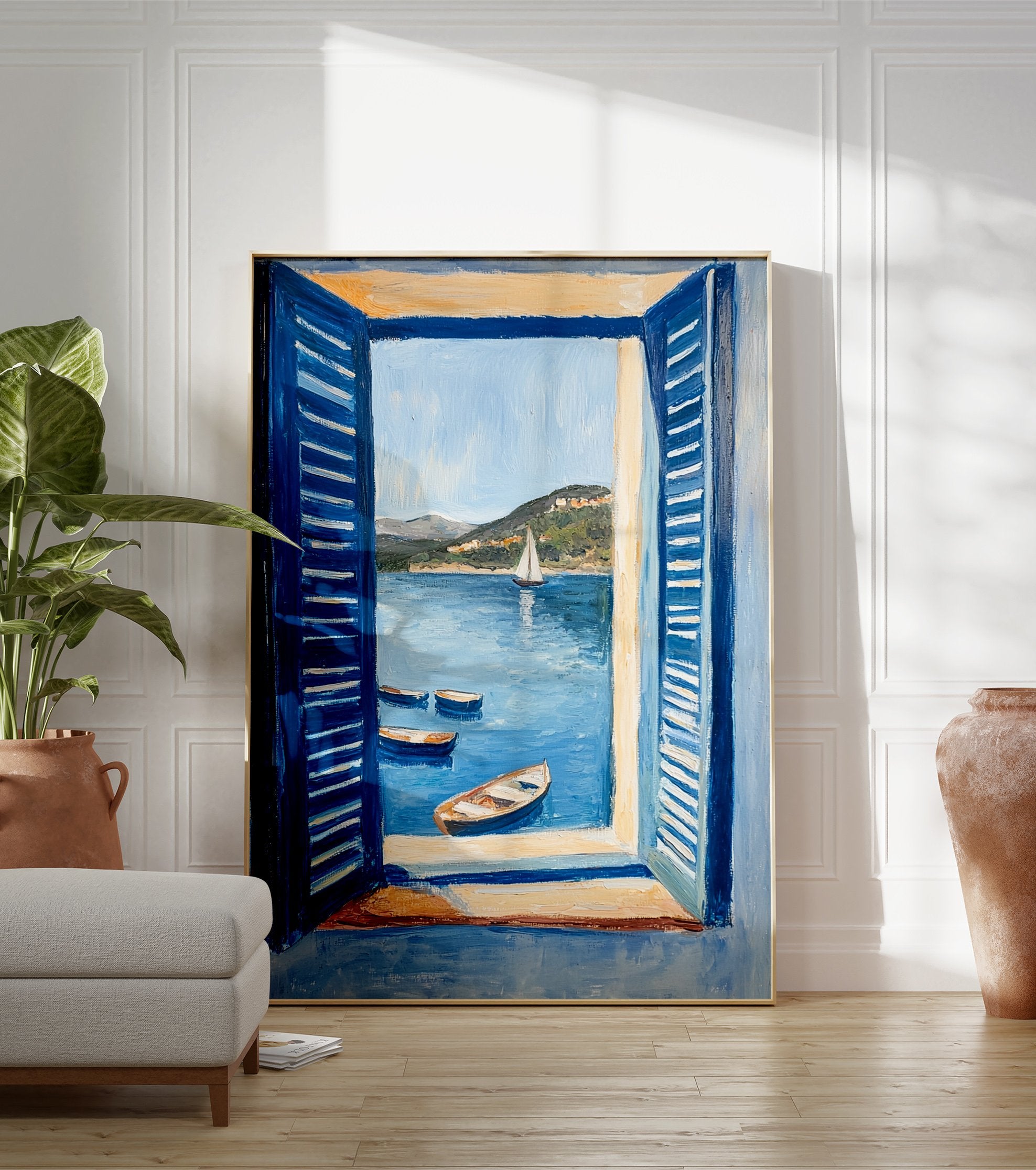 Coastal painting showing a sea view through blue open shutters, with boats in the water and hills in the background. - Image 3