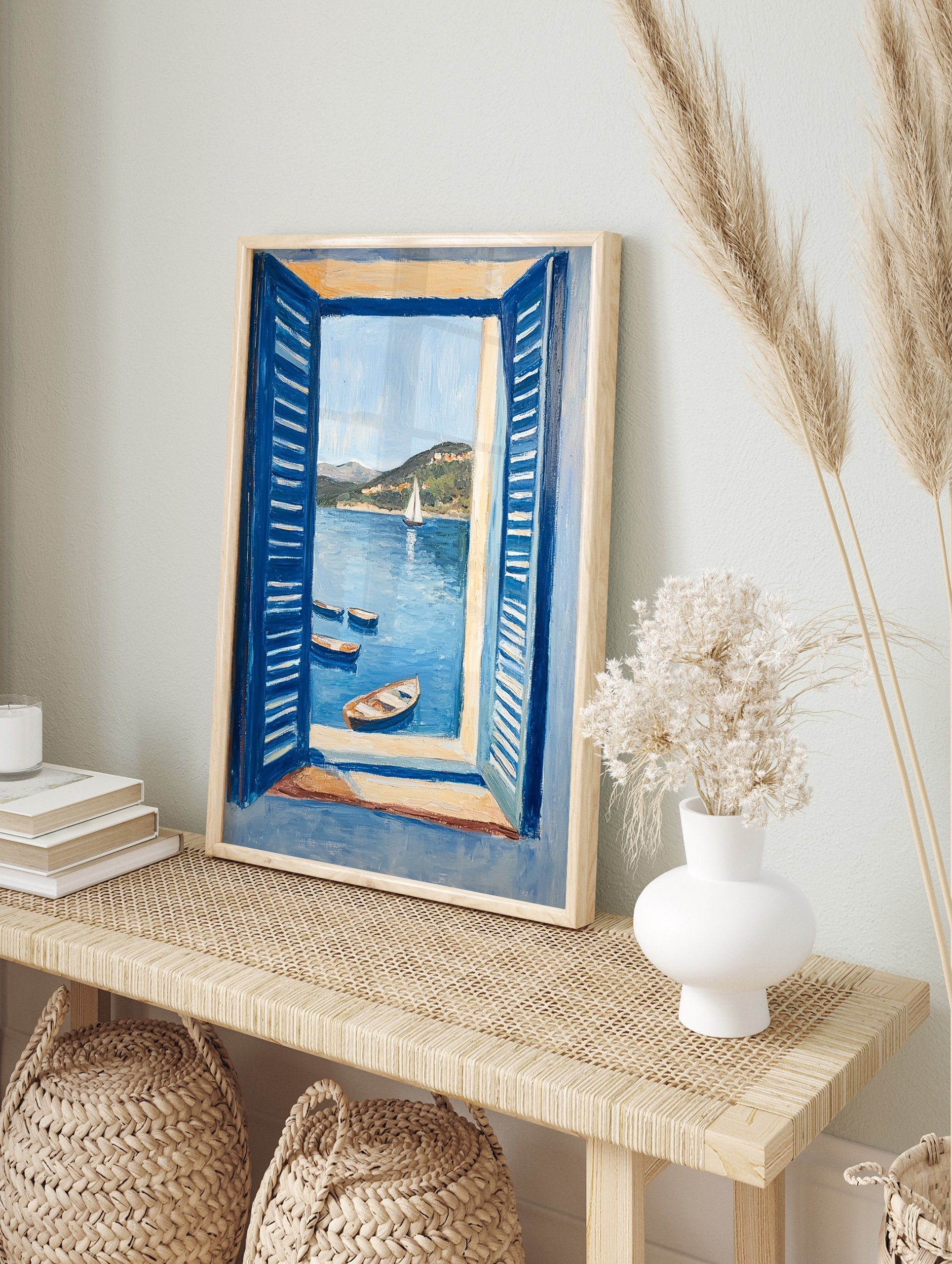 Coastal painting showing a sea view through blue open shutters, with boats in the water and hills in the background. - Image 4