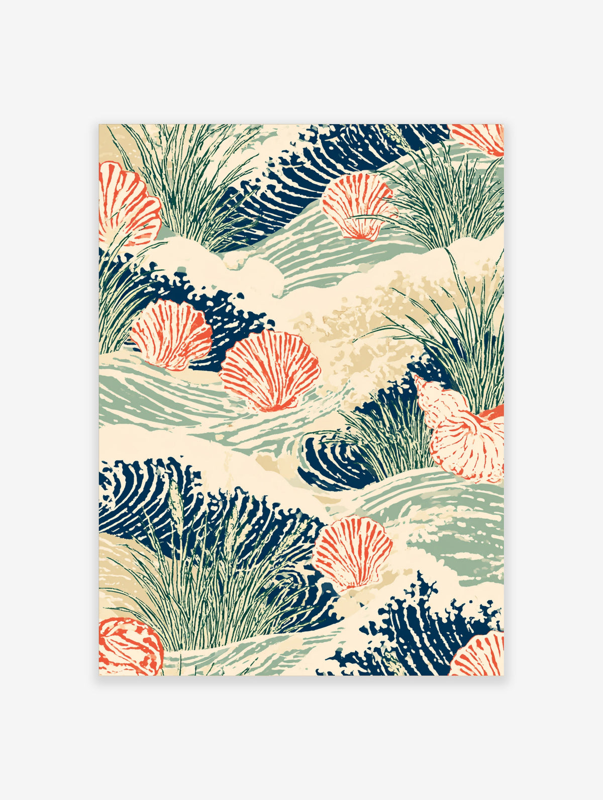 Coastal seashell wall art print with coral scallop shells, navy coral and green beach grass on cream