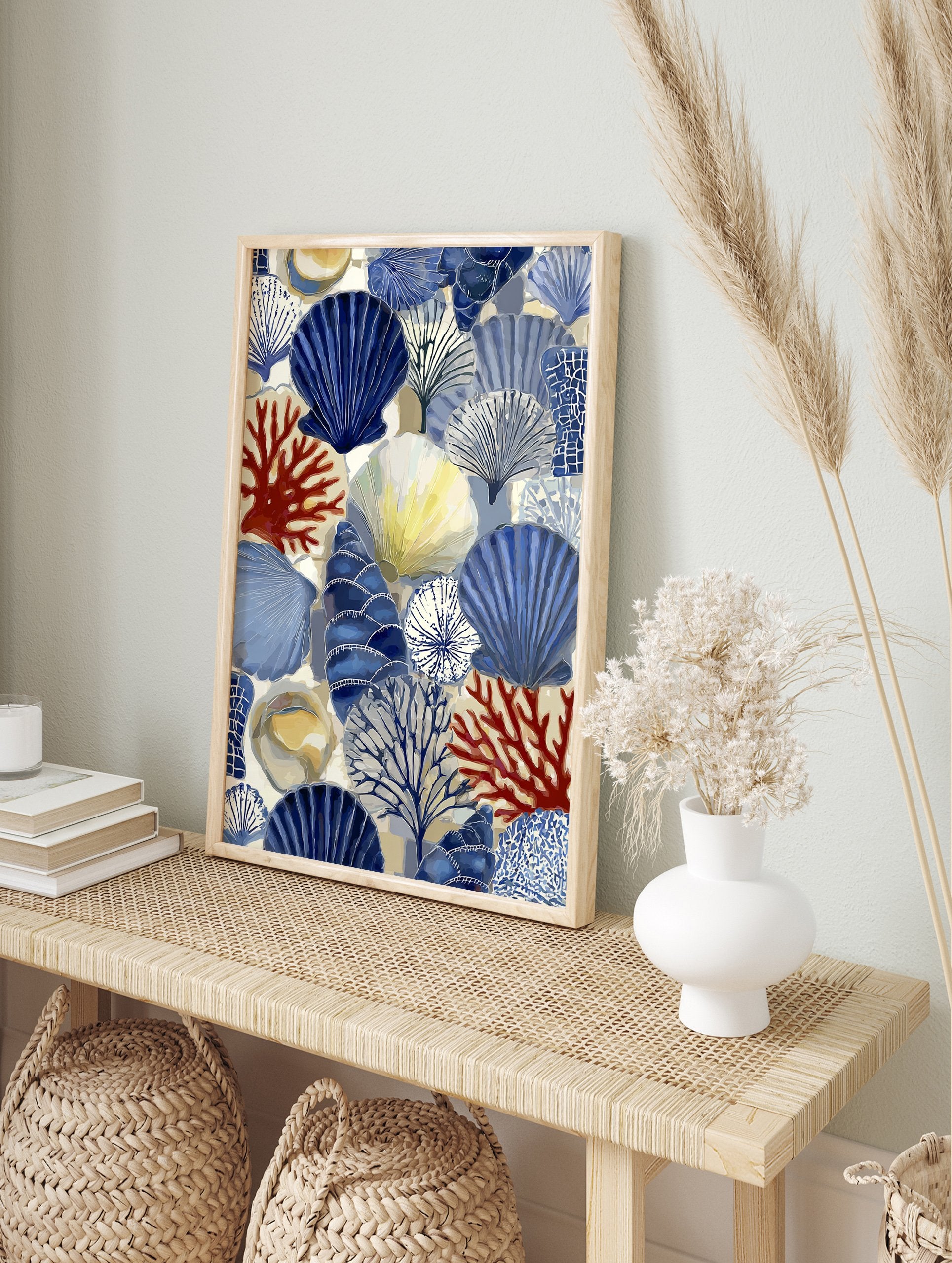 Abstract coastal wall art with blue seashells, red coral, and yellow shells on a cream background, marine life illustration. - Image 3