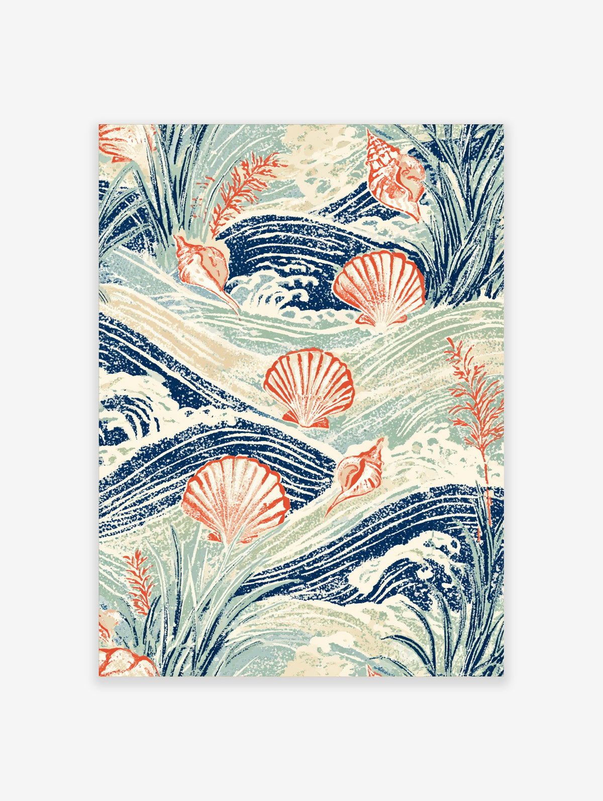 Coastal seashell wall art print with coral scallop and conch shells among navy blue ocean waves and seagrass