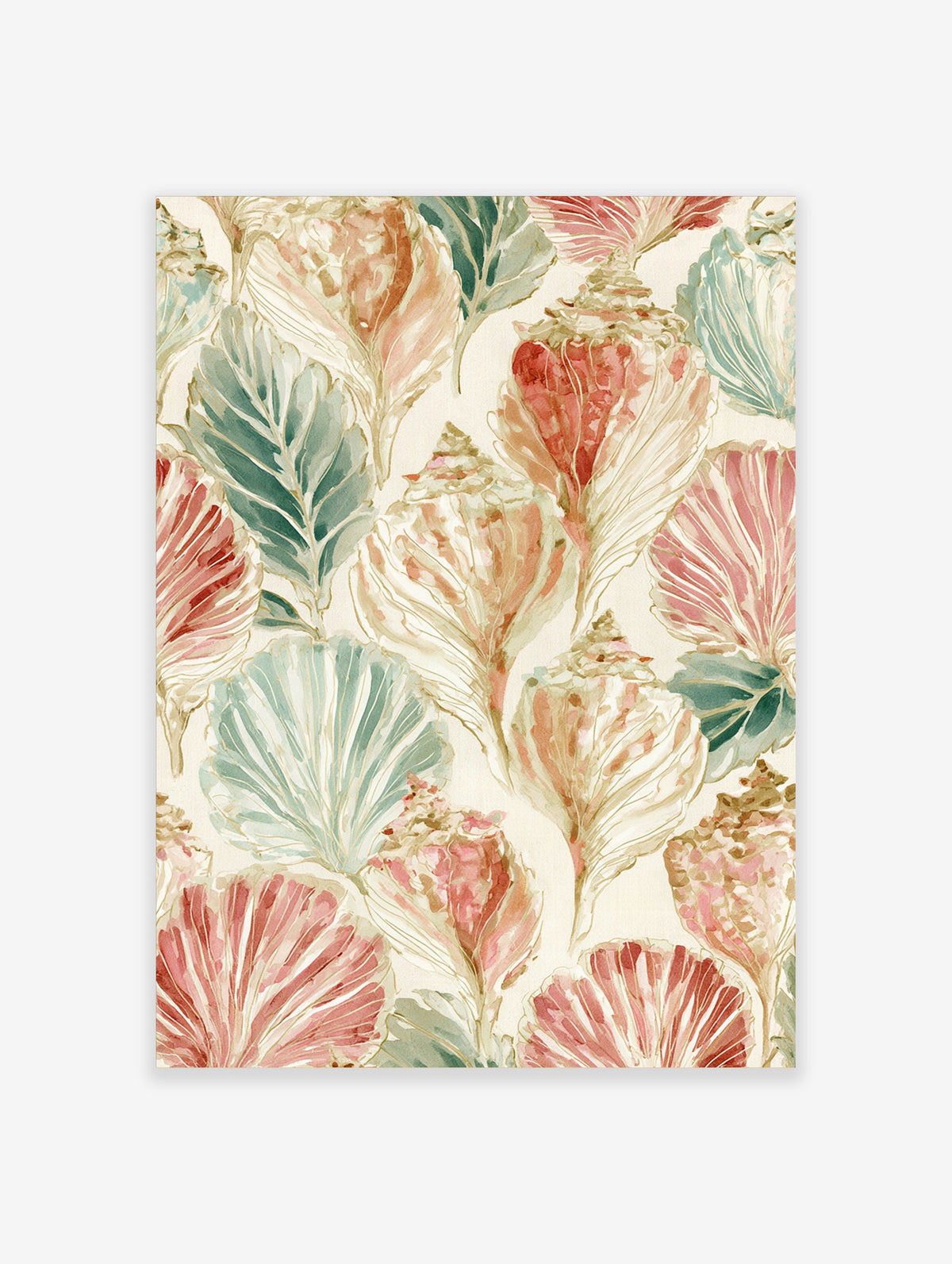Watercolour coastal seashell art print with pink and teal conch and scallop shells on cream background