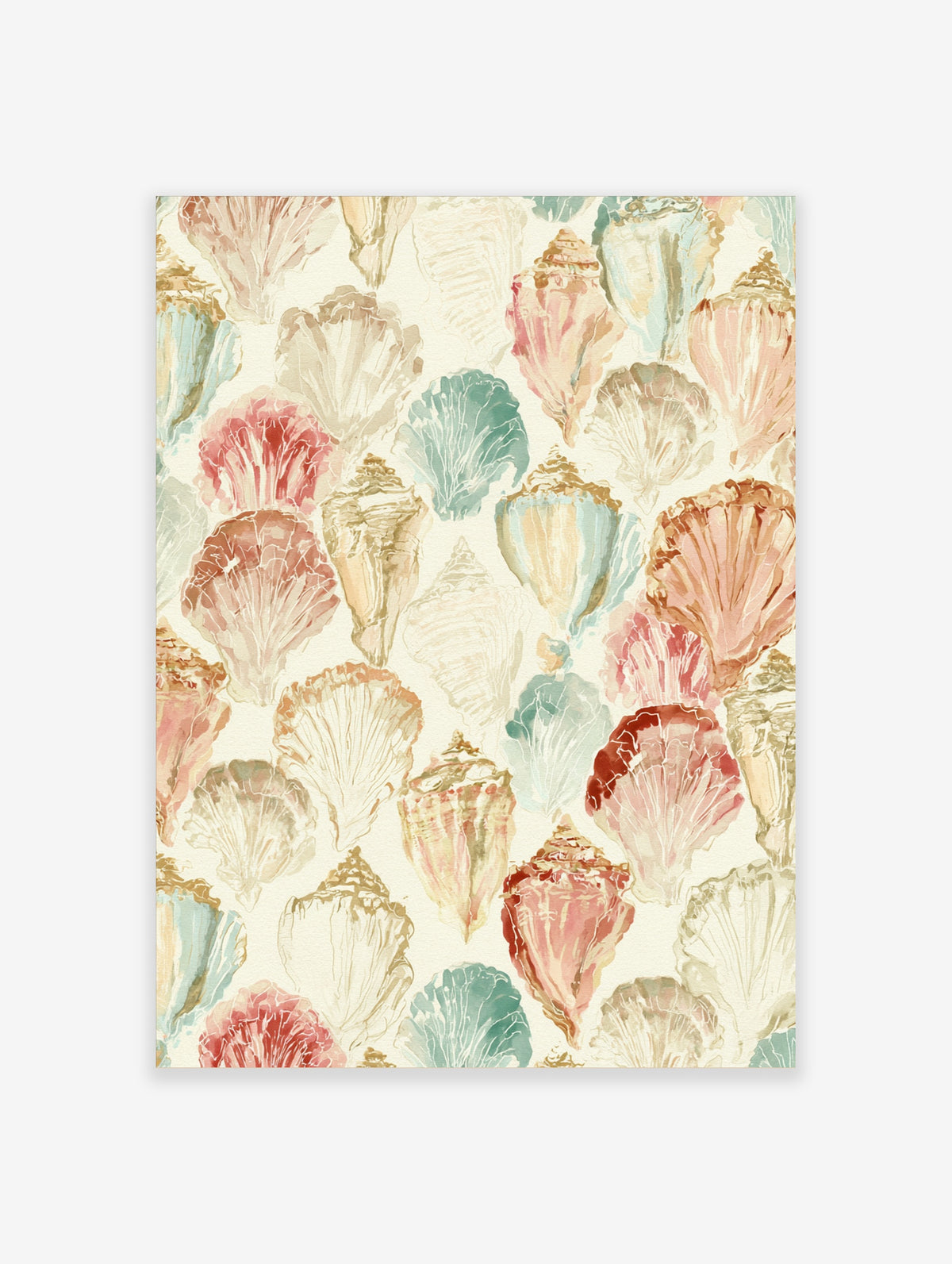 Watercolour seashell pattern art print with pink, teal, and cream conch and scallop shells on a light background