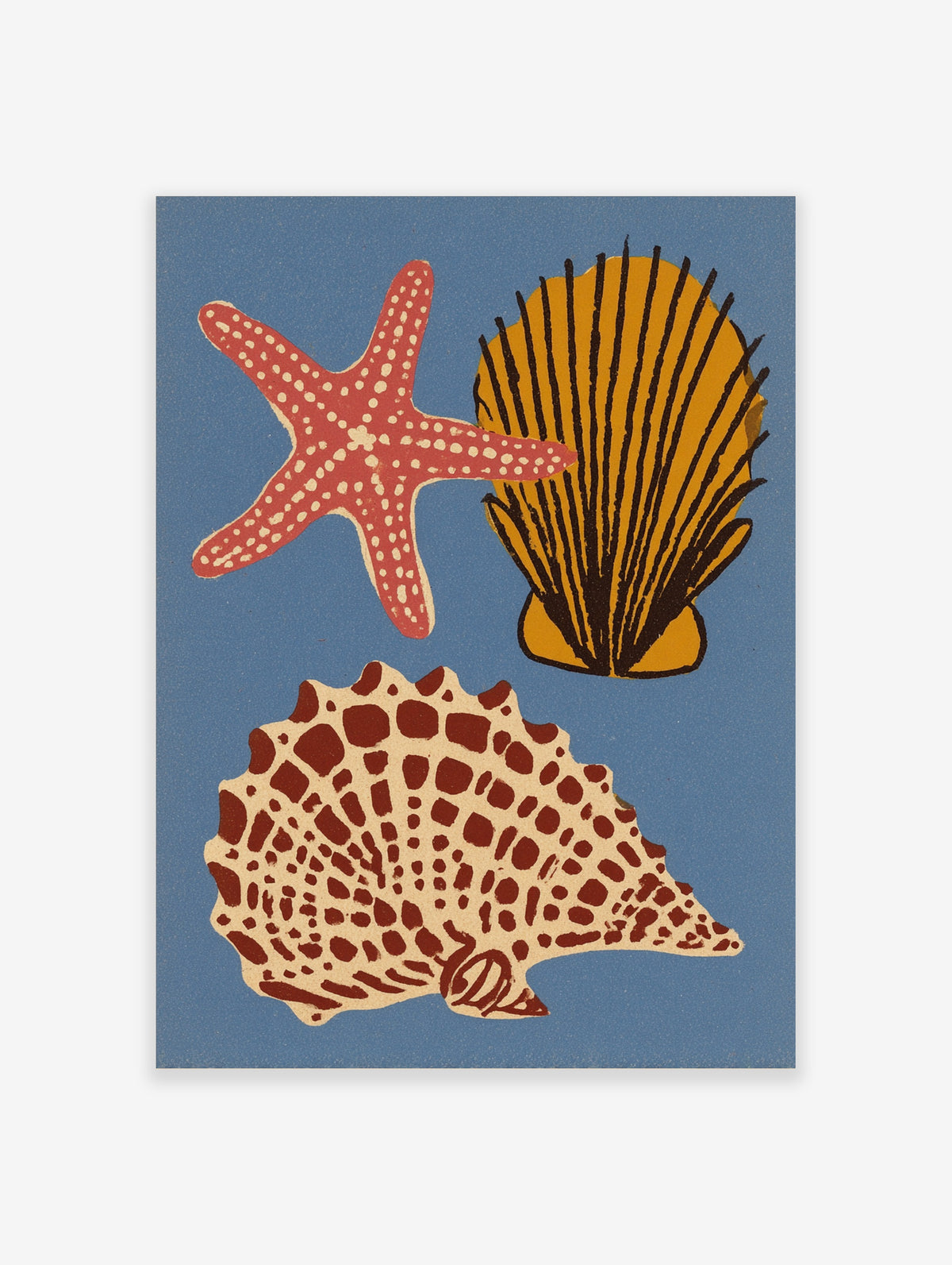 Coastal wall art print with pink starfish, yellow scallop shell, and patterned conch on blue background