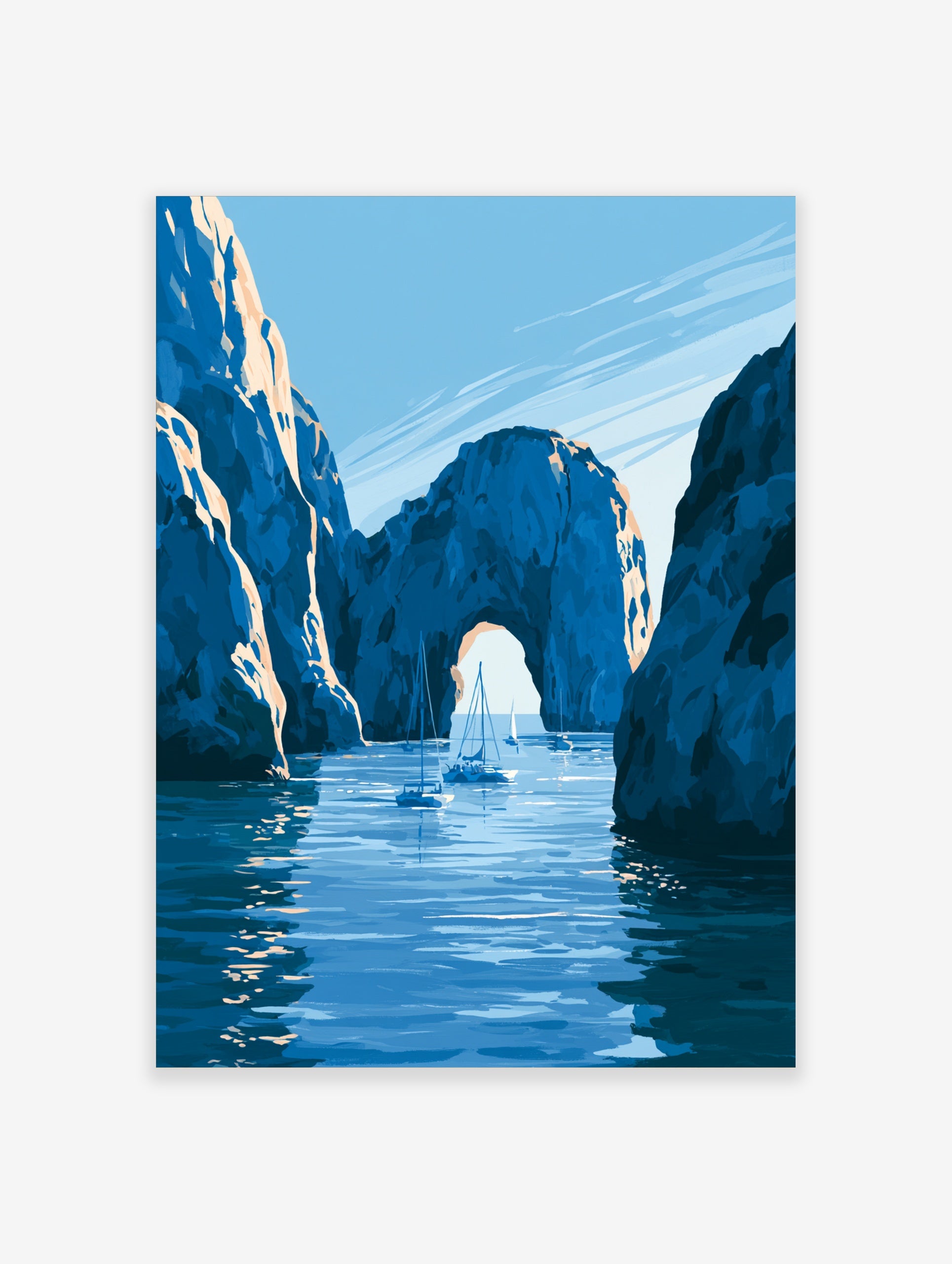 Illustrative coastal wall art print of a natural stone archway over blue water with sailboats