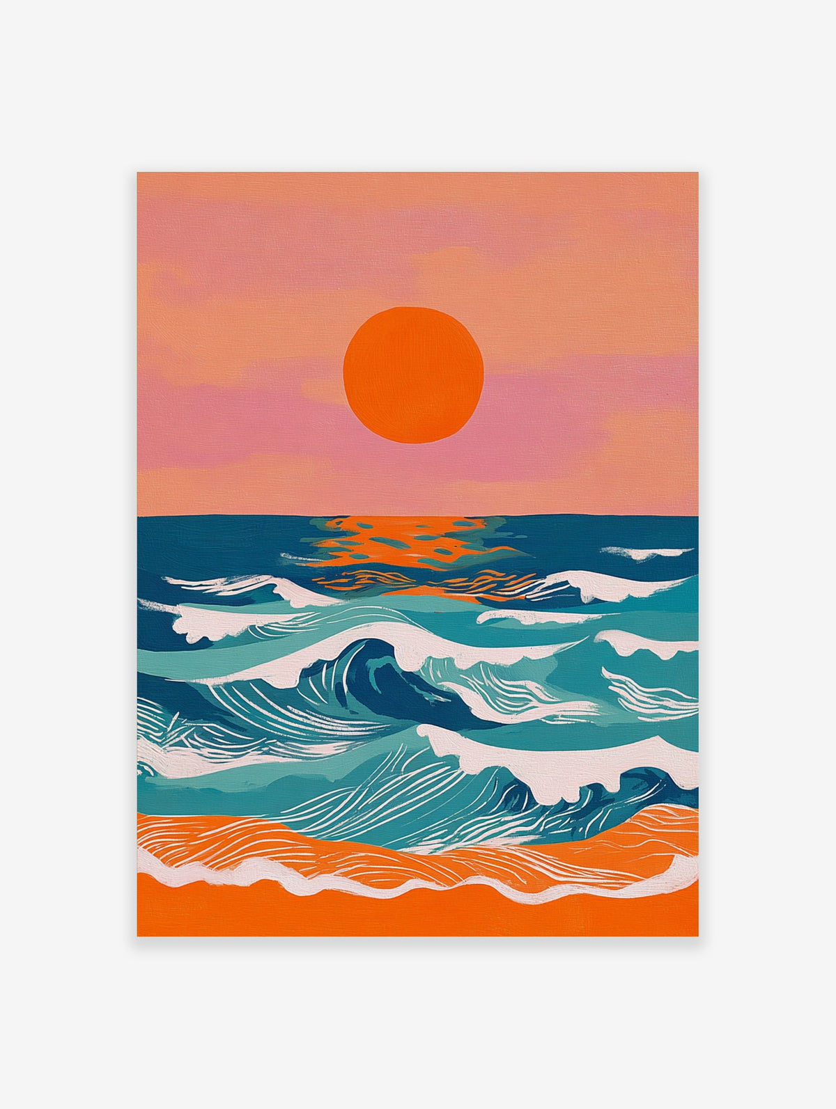 Vibrant coastal sunset art print with large orange sun, blue and teal ocean waves, and orange beach