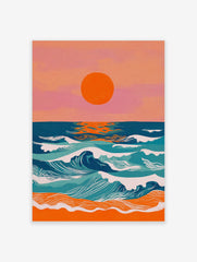 Vibrant coastal sunset art print with large orange sun, blue and teal ocean waves, and orange beach