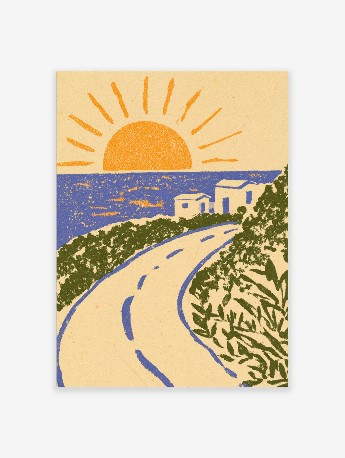Coastal sunset poster with orange sun, blue sea, white houses, and curving road lined with green foliage
