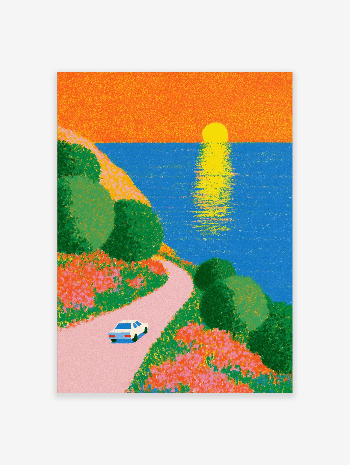 Coastal sunset poster with yellow sun over blue sea, pink winding road, white car, and green hills