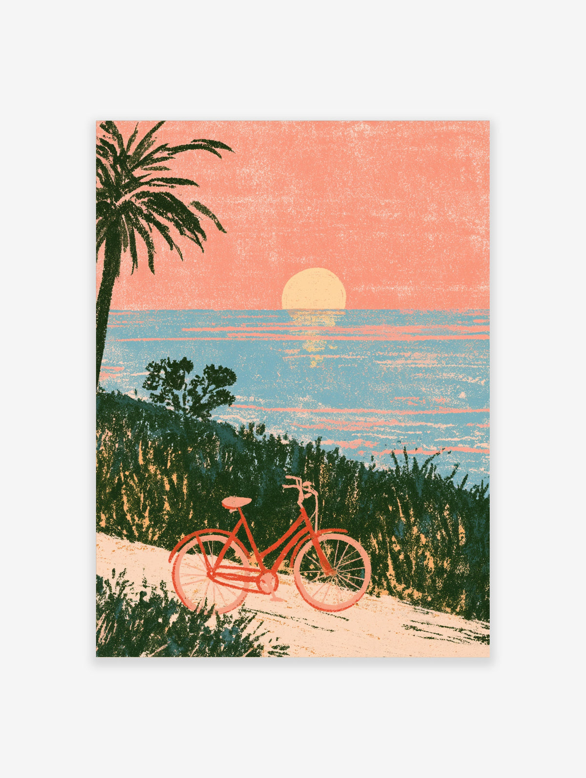Coastal sunset poster with red bicycle, palm tree, and ocean waves in coral and teal