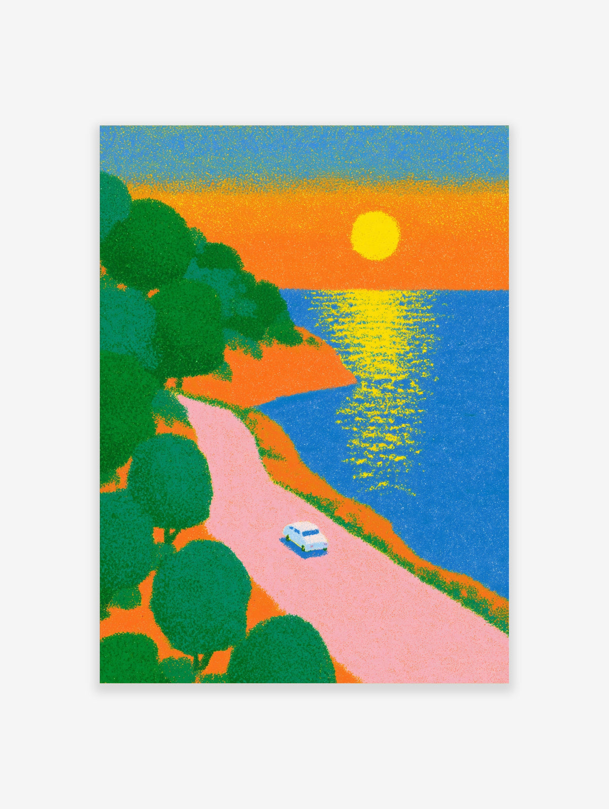 Retro coastal sunset poster with white car on pink road, green trees, yellow sun and blue sea