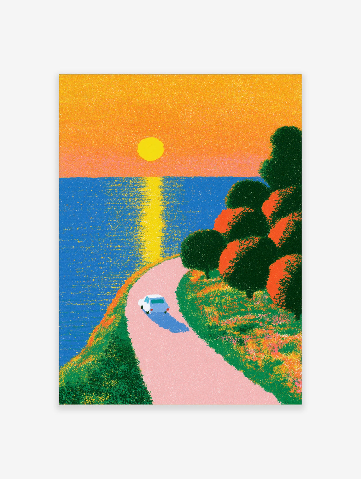 Coastal sunset poster with white car on pink road, yellow sun and blue sea
