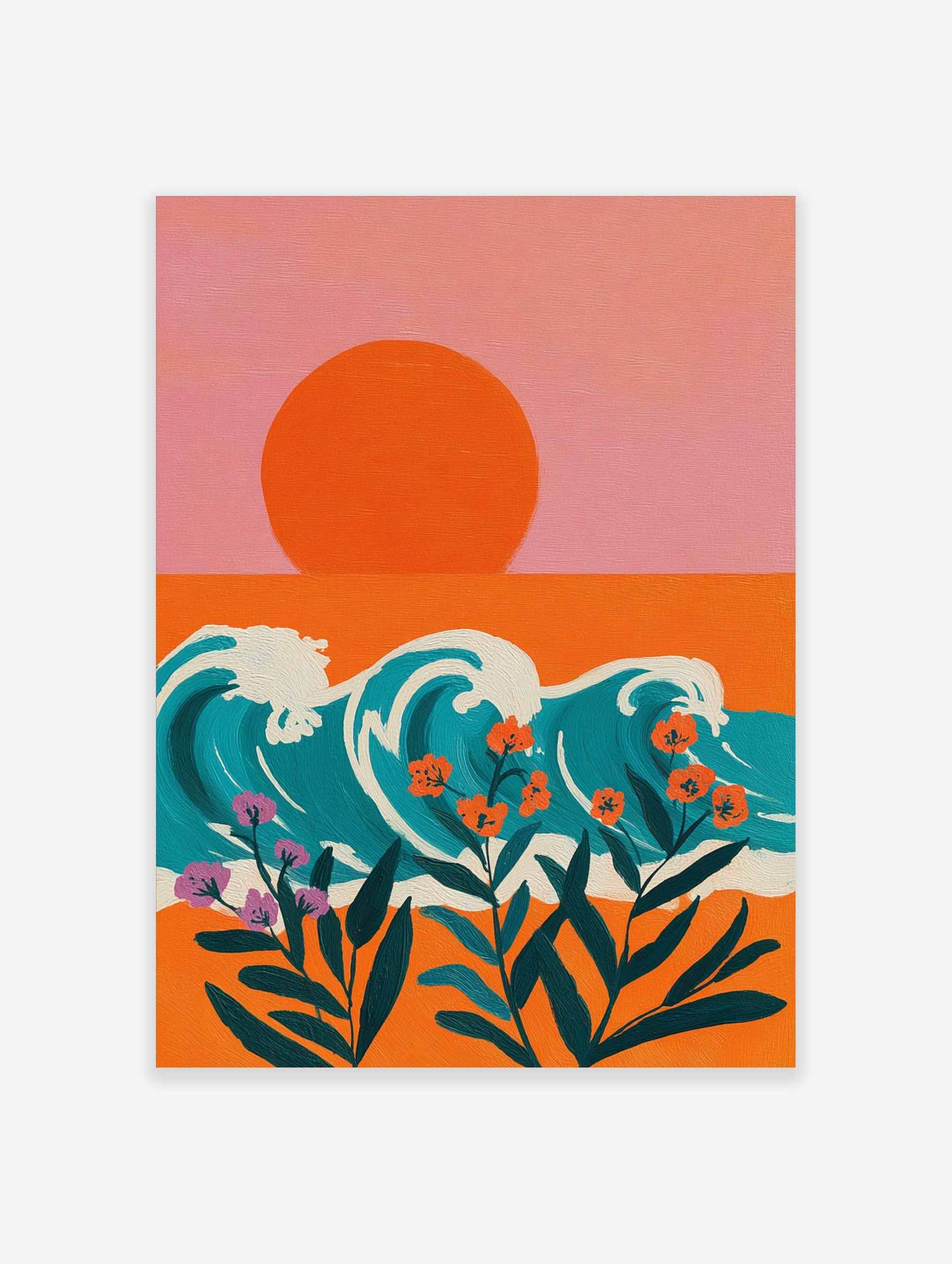 Illustrative coastal wall art with orange sun, teal waves, and orange and purple tropical flowers