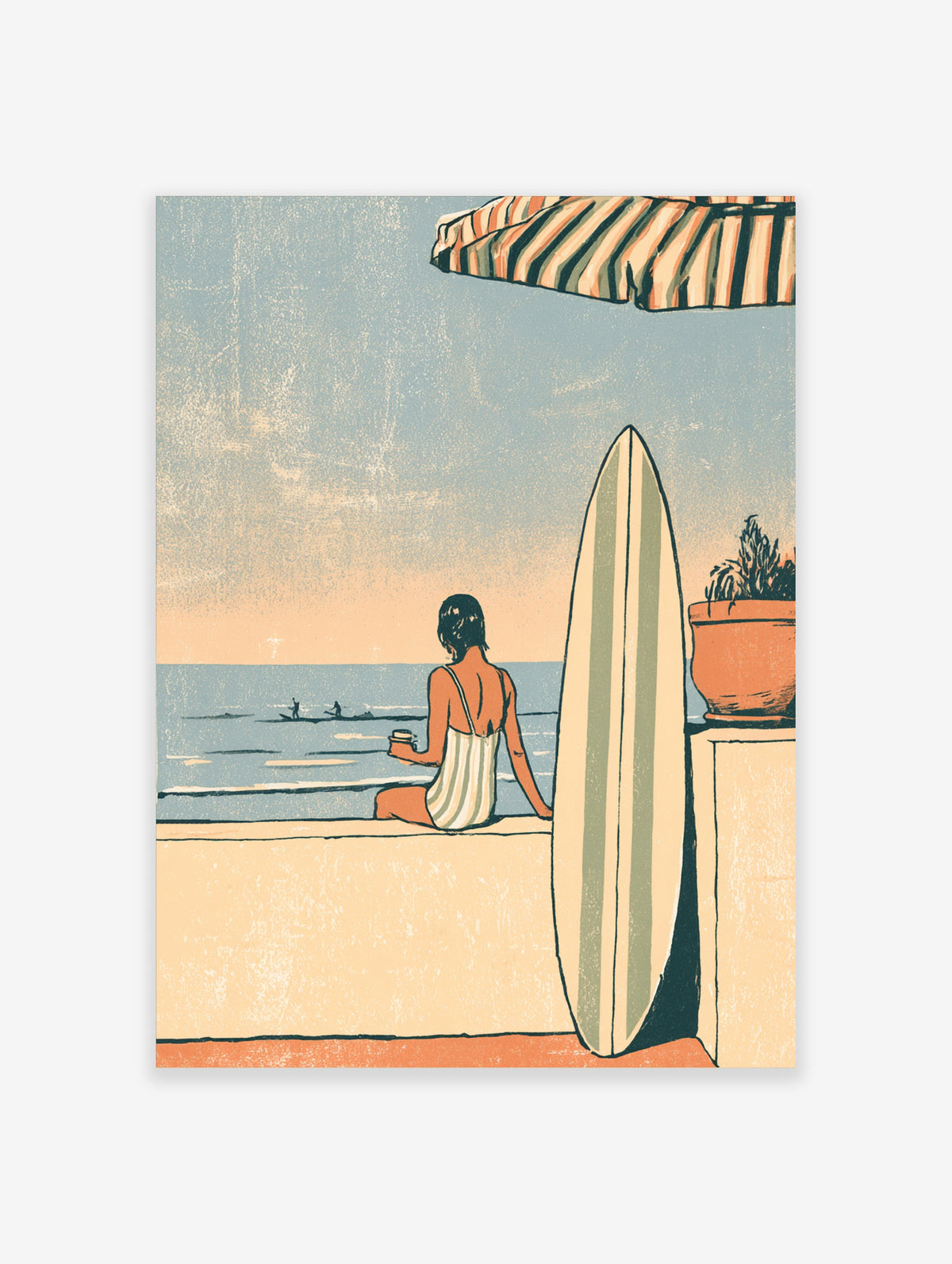 Coastal surf print of a woman in a striped swimsuit sitting on a wall beside a surfboard and striped parasol