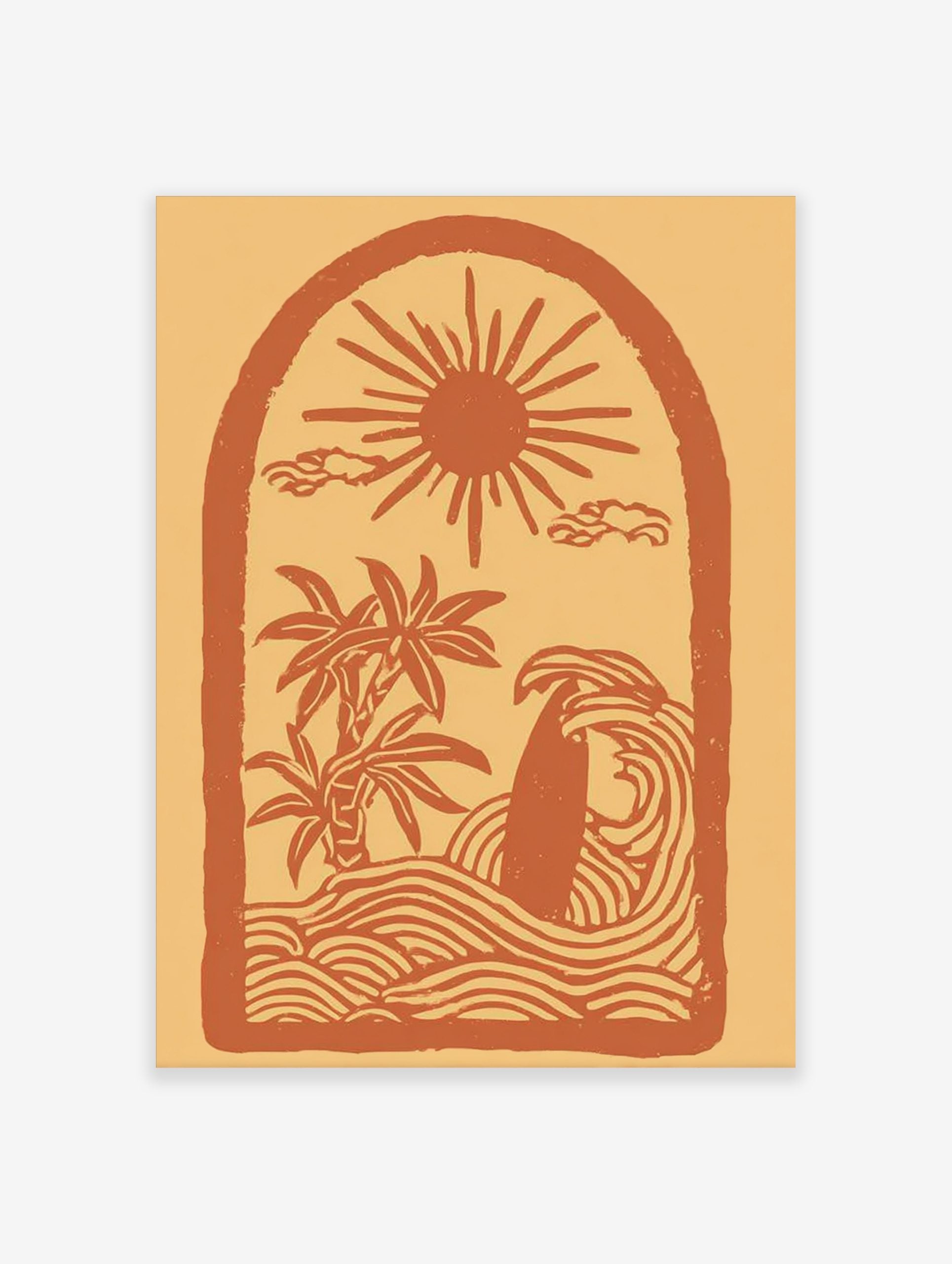 Illustrative coastal scene art print with sun, palm trees, surfboard in waves, within an arch frame