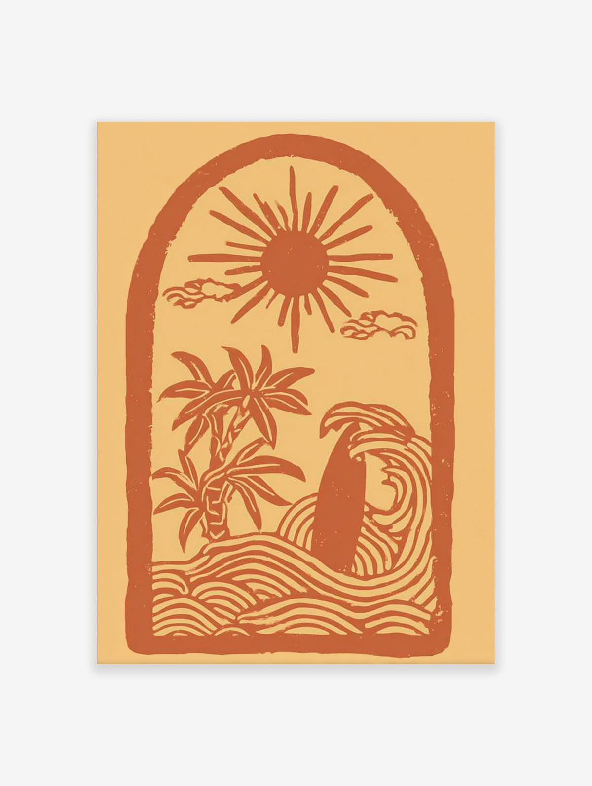 Illustrative coastal scene art print with sun, palm trees, surfboard in waves, within an arch frame