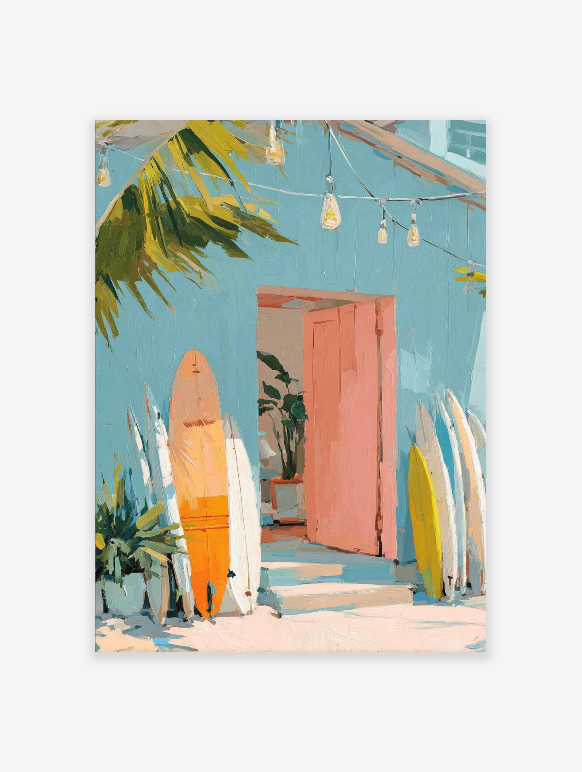 Painterly art print of a light blue building, pink door, and orange, white, yellow surfboards leaning against a wall