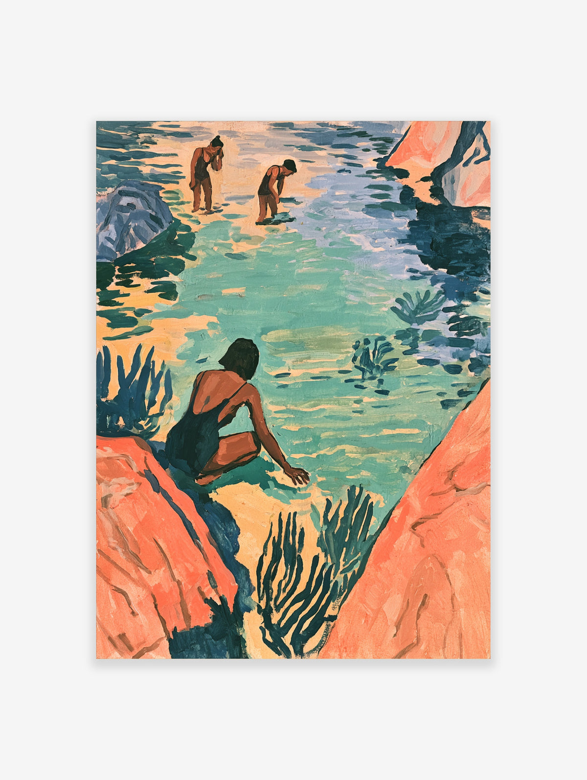 Coastal swimmers art print with three figures in blue water, orange rocks and dark seaweed