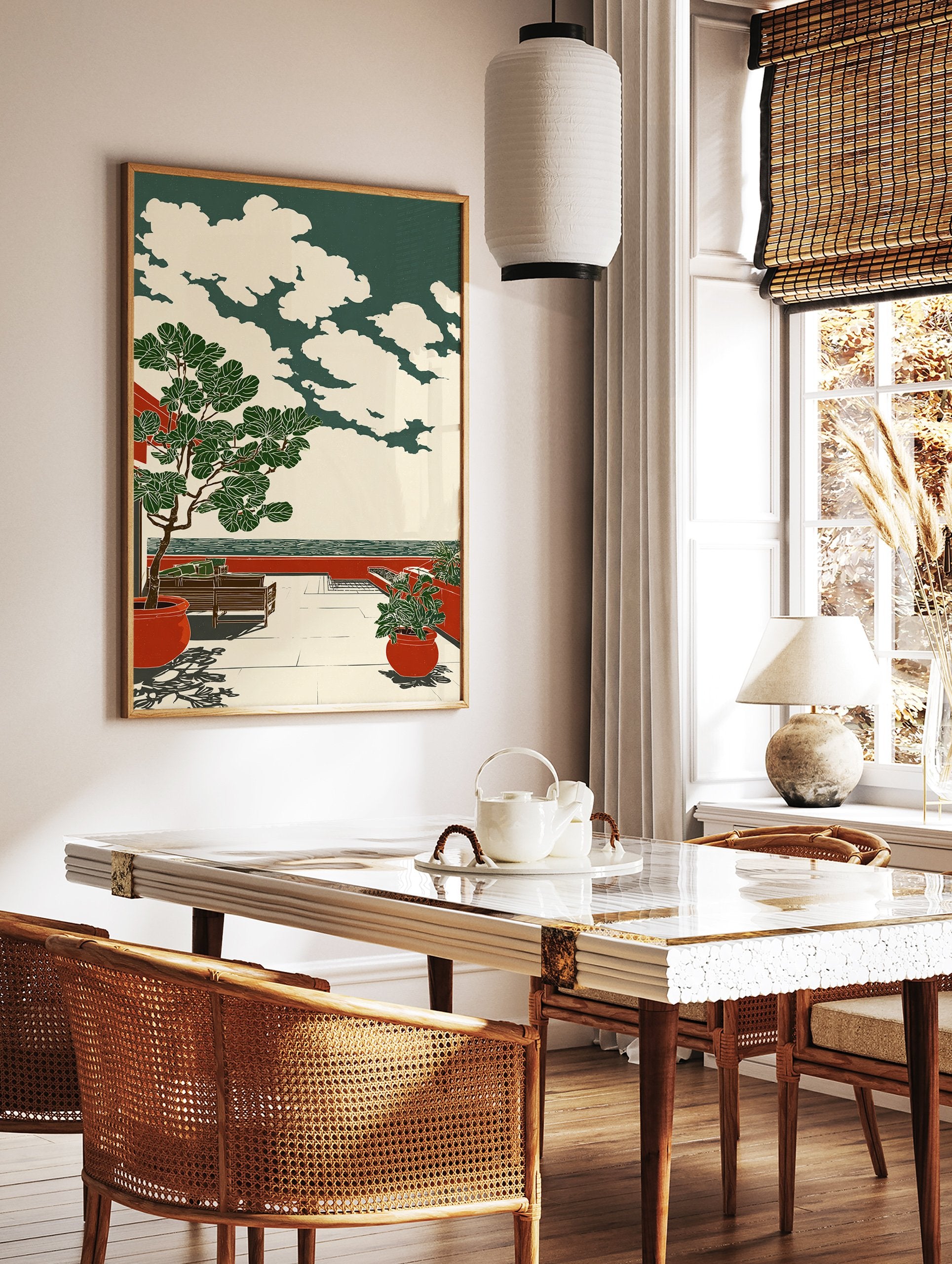 Illustrative coastal terrace print with a large fig tree in a red pot, a bench, and sea view under a cloudy sky. - Image 2