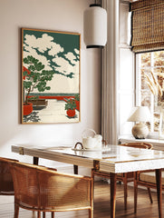 Illustrative coastal terrace print with a large fig tree in a red pot, a bench, and sea view under a cloudy sky. - Image 2