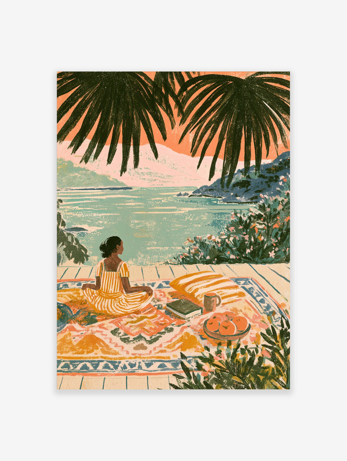 Coastal terrace art print of a woman seated on a rug with oranges and a book, looking out to sea beneath palm fronds