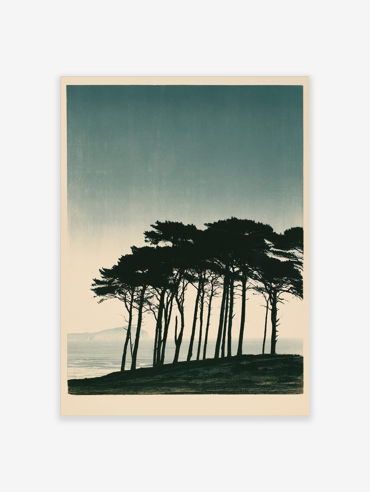 Coastal tree silhouette wall art with dark pines on a grassy dune, pale misty sky, and calm sea horizon