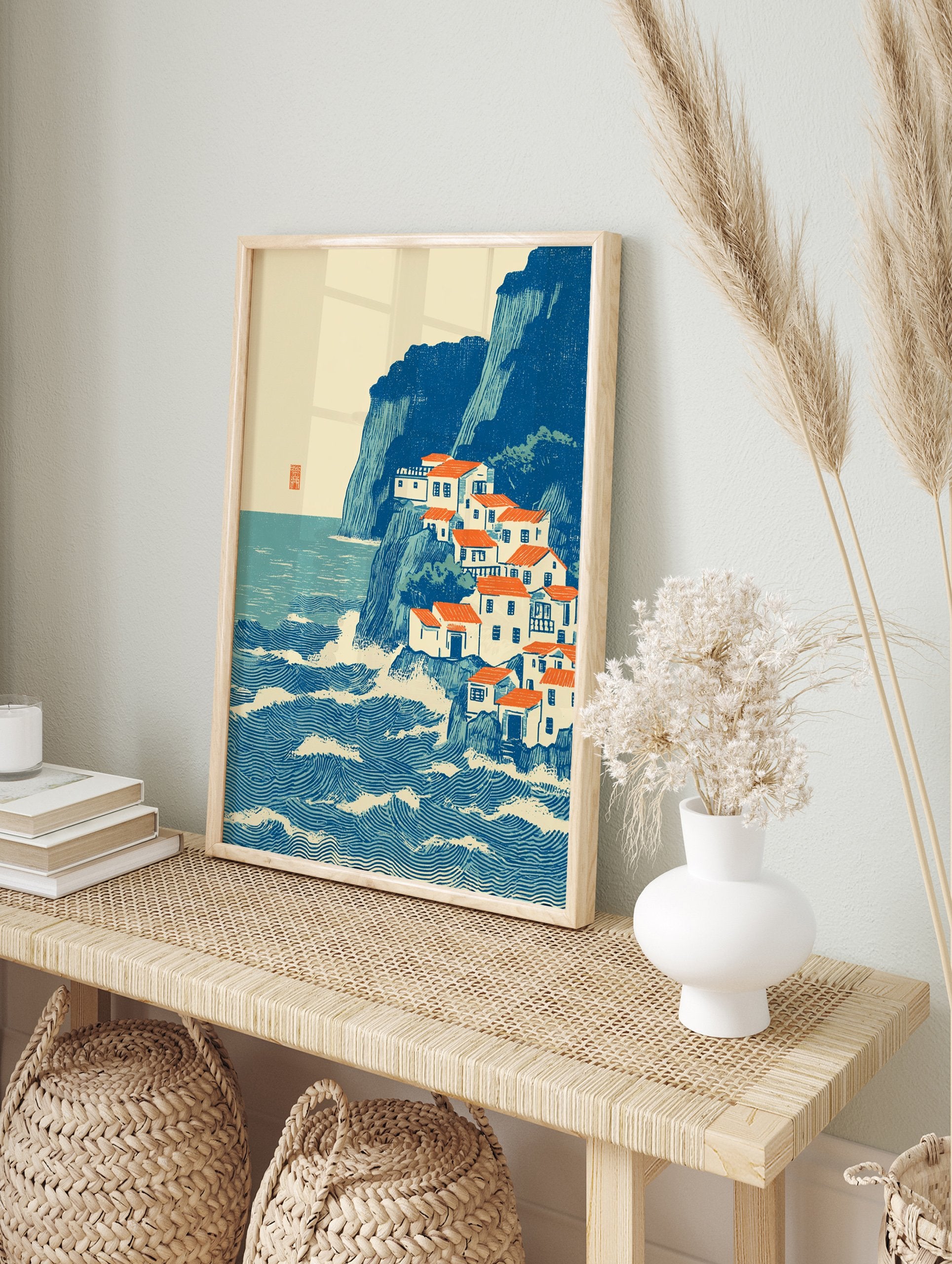 Japanese style coastal village art print with blue sea, orange roof houses on cliffs and crashing waves - Image 3