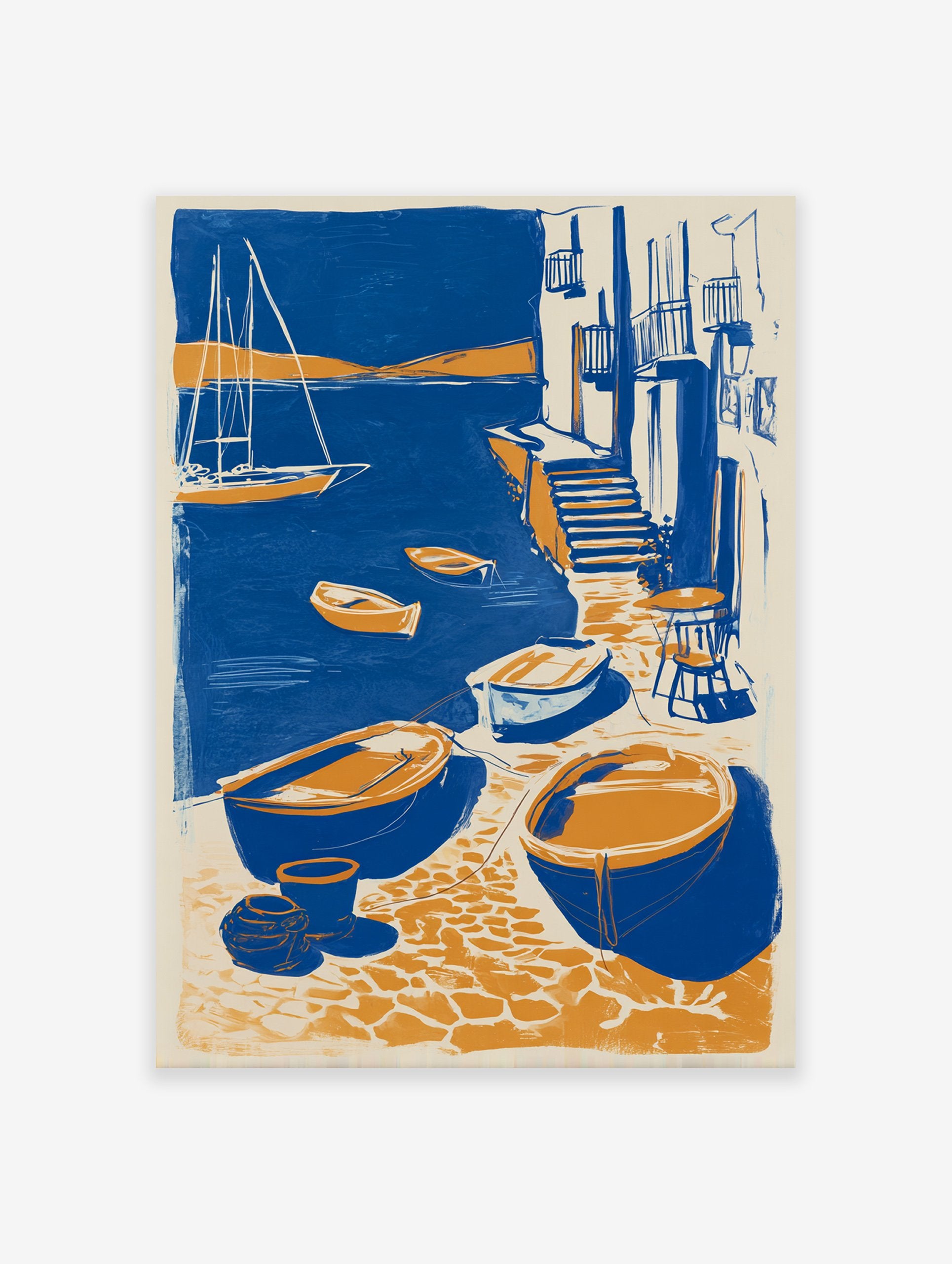 Coastal village poster showing blue and orange boats in a harbor with buildings, steps, and a sailboat.