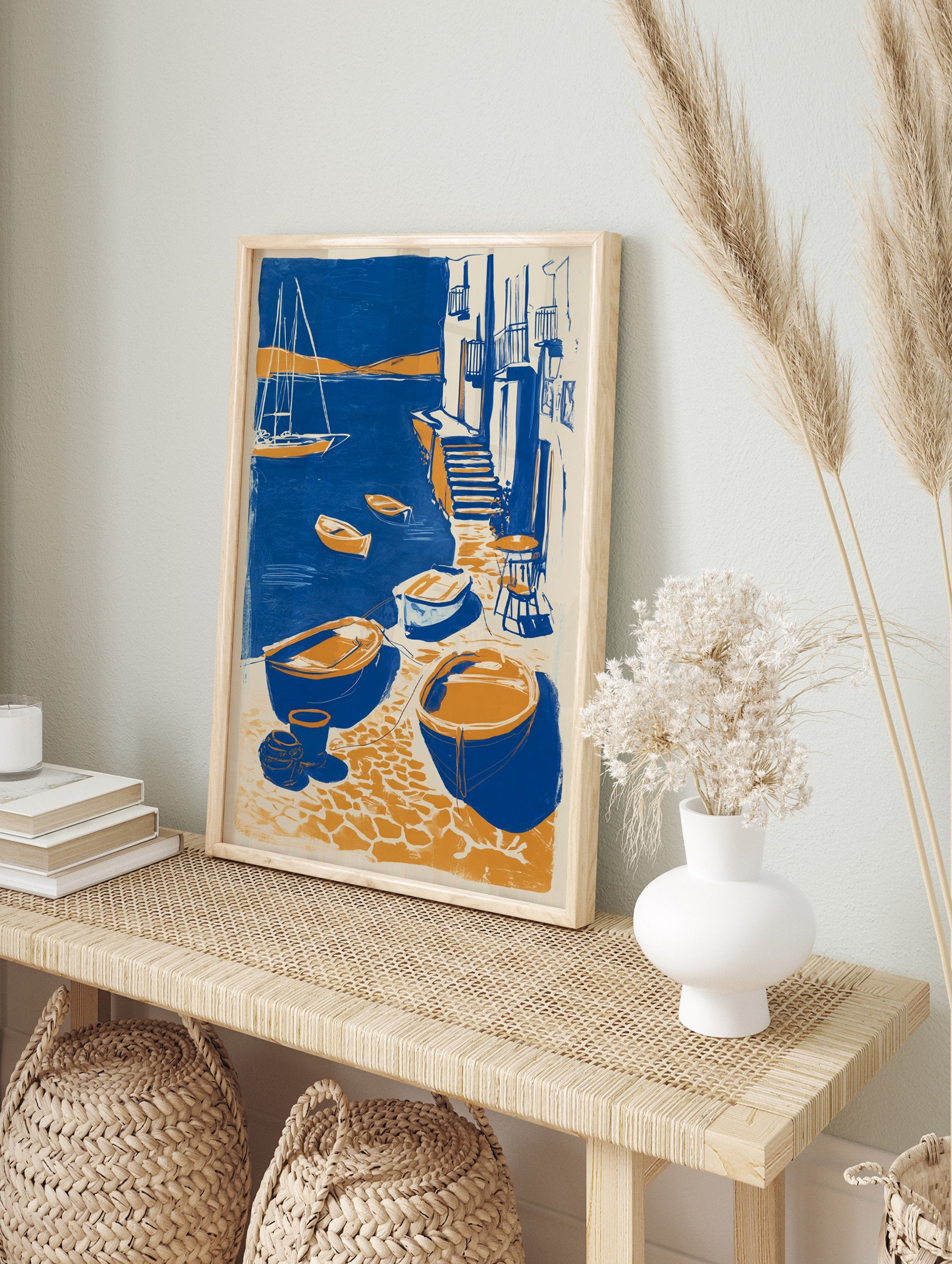 Coastal village poster showing blue and orange boats in a harbor with buildings, steps, and a sailboat. - Image 4