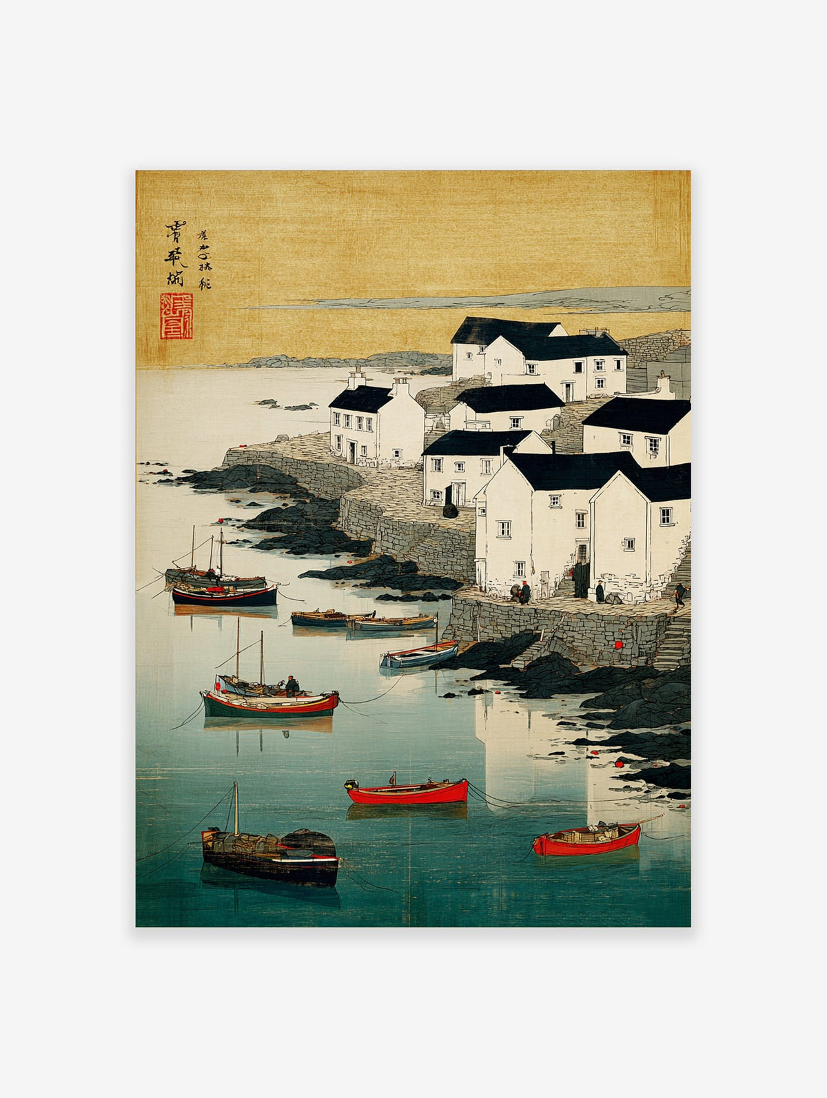 Coastal village with white houses, dark roofs, boats in blue water, rocky shore, Japanese woodblock style print