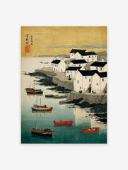 Coastal village with white houses, dark roofs, boats in blue water, rocky shore, Japanese woodblock style print