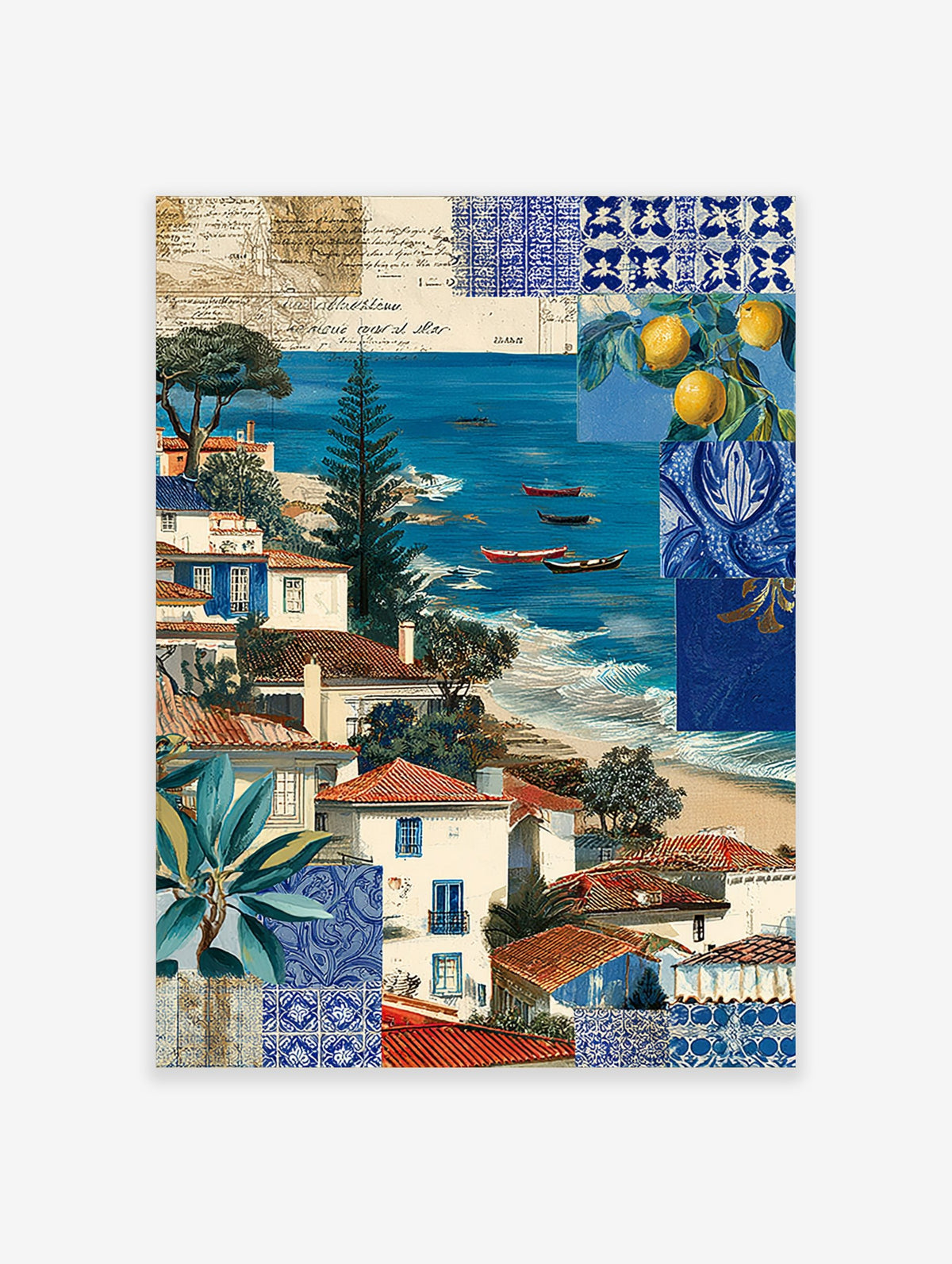 Coastal village scene with white and blue houses, red roofs, blue sea, boats, and blue tile patterns