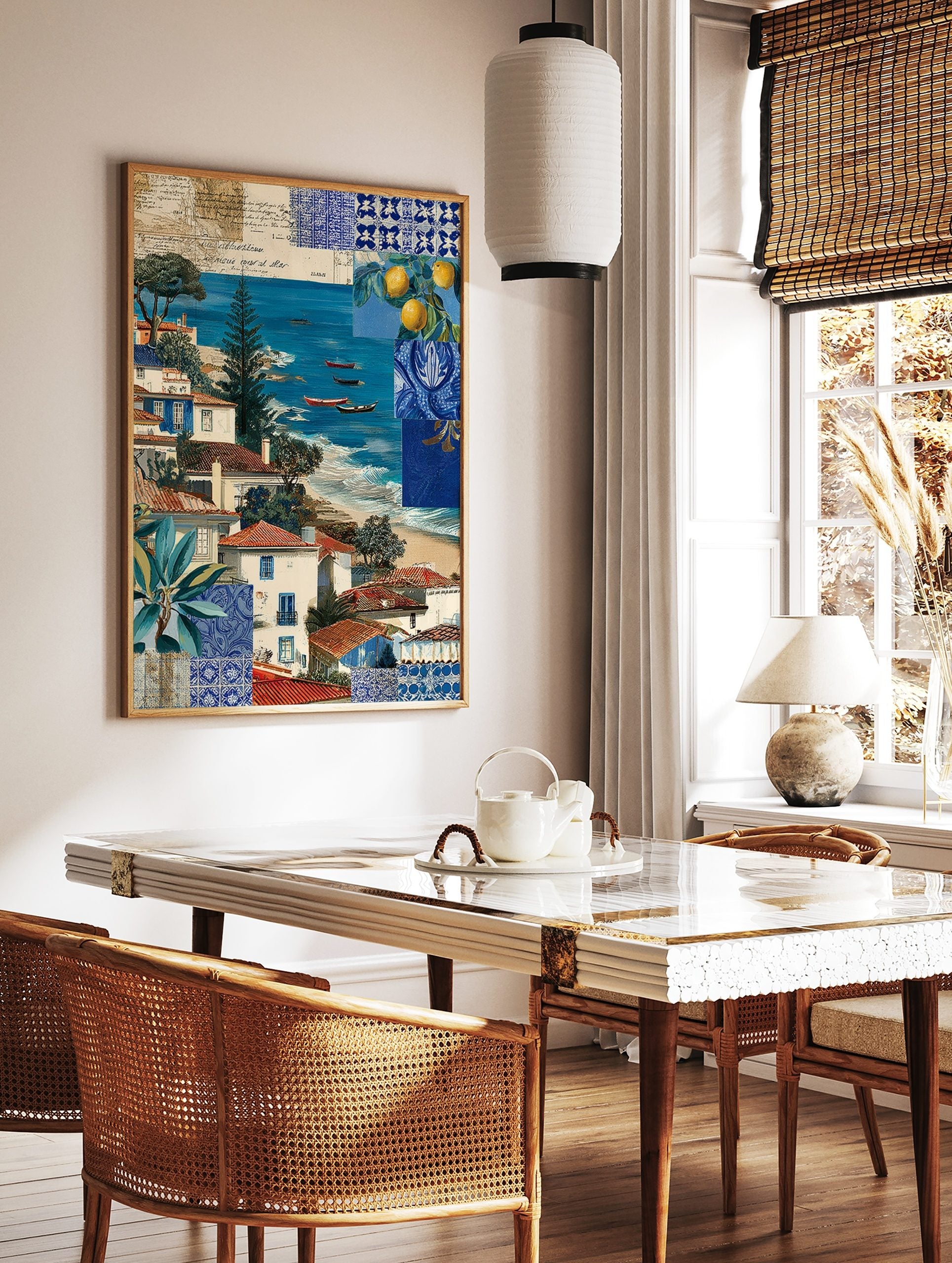 Coastal village scene with white and blue houses, red roofs, blue sea, boats, and blue tile patterns, in a styled room mockup