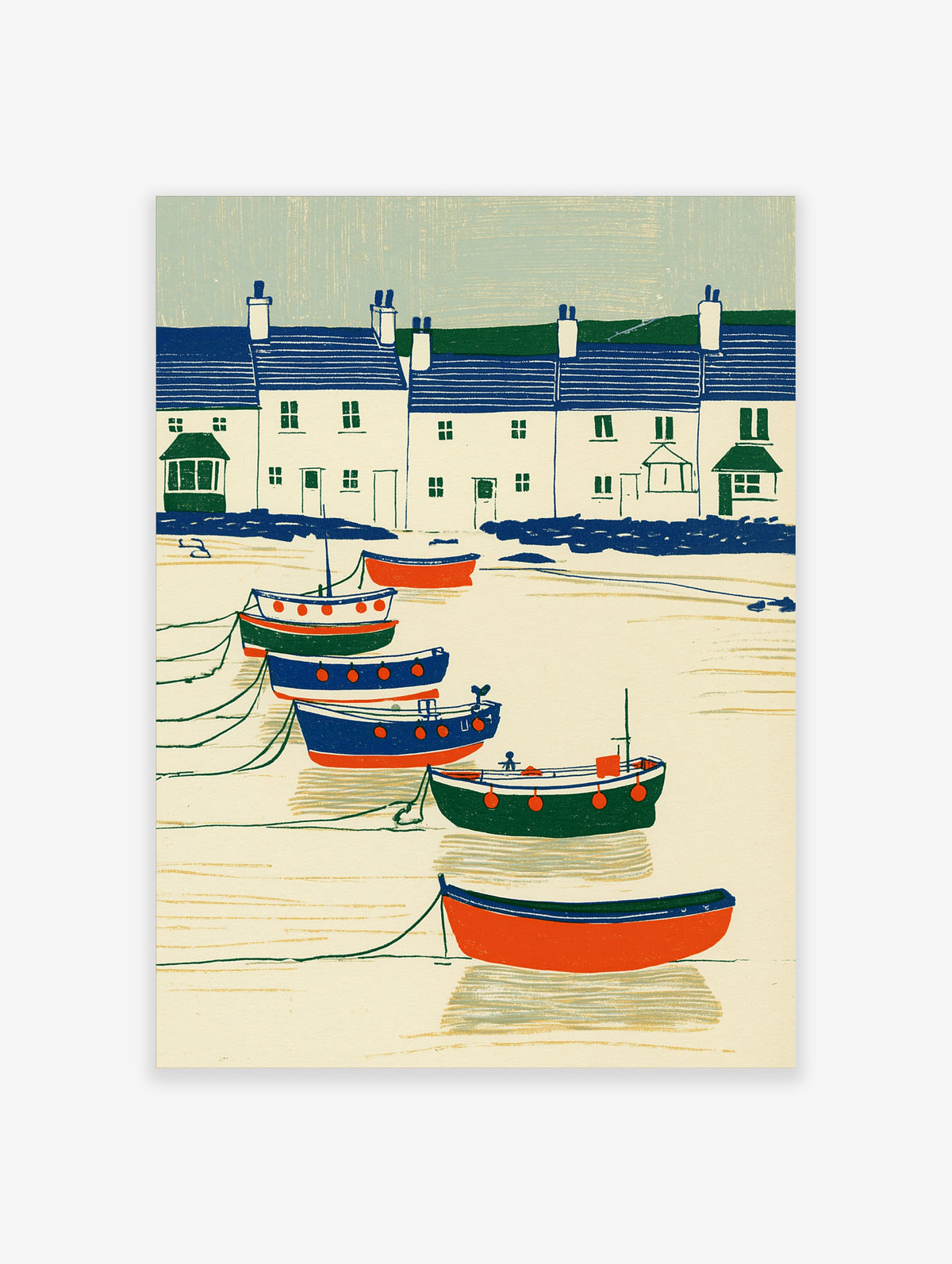Coastal village illustration with white houses, blue roofs, and boats in harbour on beige ground
