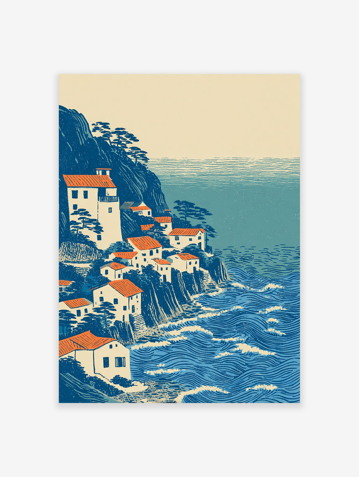 Ukiyo-e style coastal village wall art print with white houses, orange roofs, blue cliffs, and a wavy blue ocean.