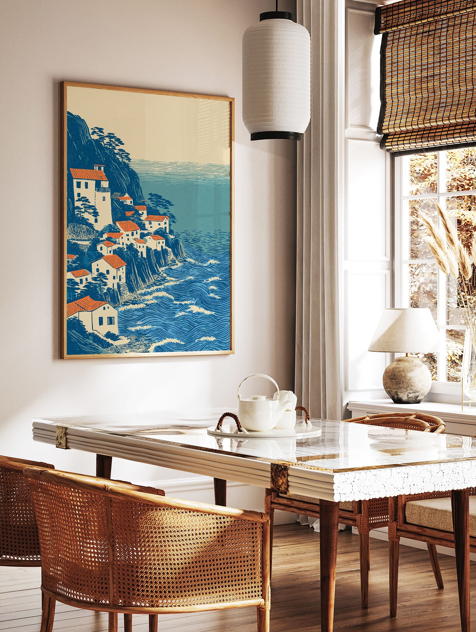 Ukiyo-e style coastal village wall art print with white houses, orange roofs, blue cliffs, and a wavy blue ocean. - Image 2