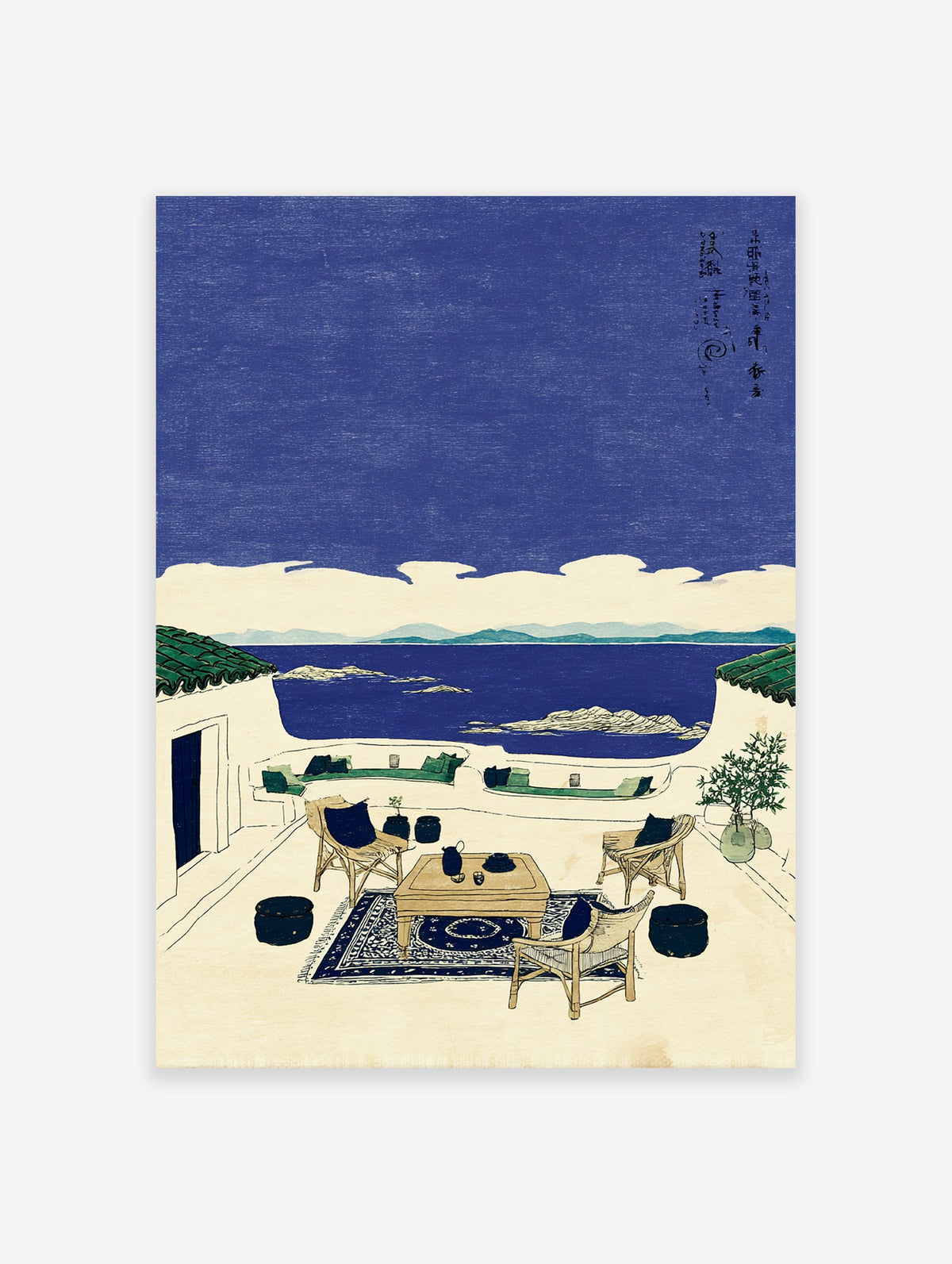 Coastal wall art showing a Japanese-inspired terrace overlooking a blue sea with islands, featuring a table, chairs, and plants.