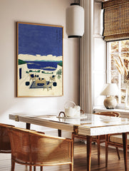 Coastal wall art showing a Japanese-inspired terrace overlooking a blue sea with islands, featuring a table, chairs, and plants. - Image 2
