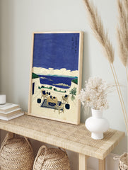 Coastal wall art showing a Japanese-inspired terrace overlooking a blue sea with islands, featuring a table, chairs, and plants. - Image 3