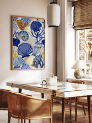 Blue and white coastal wall art featuring various seashells, a spiral shell, and coral on a light background. - Image 2