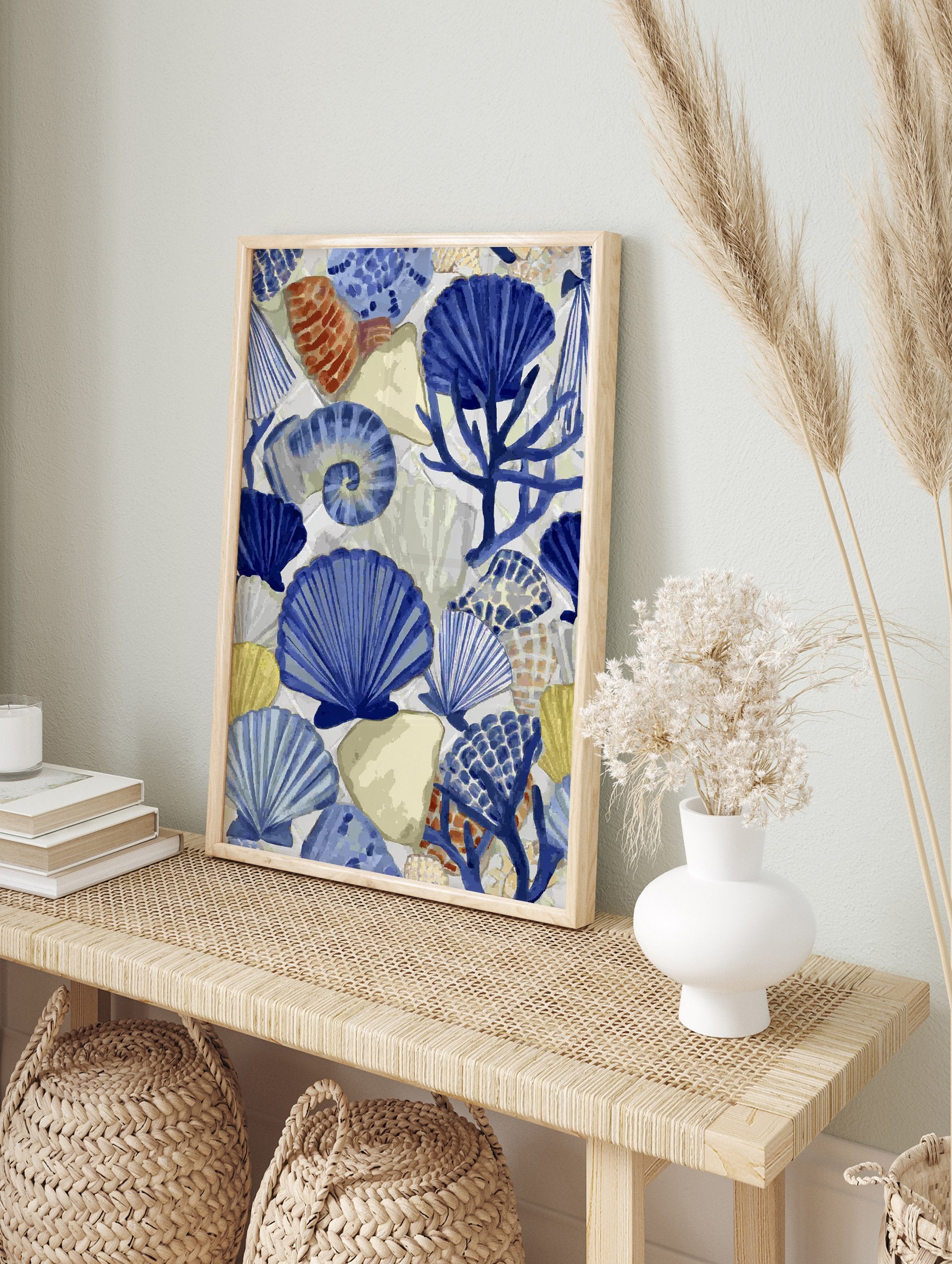 Blue and white coastal wall art featuring various seashells, a spiral shell, and coral on a light background. - Image 3