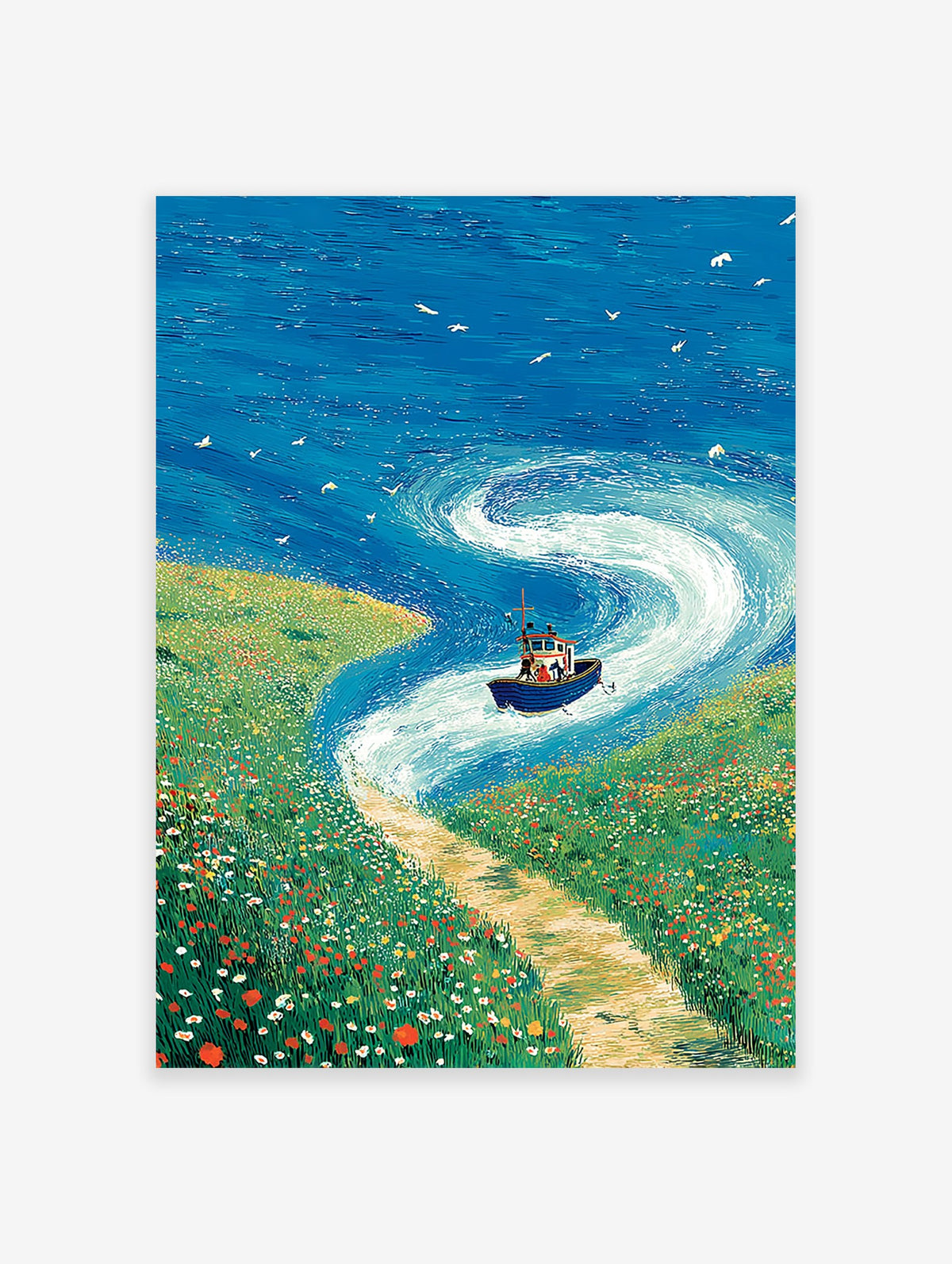 Vibrant coastal wall art featuring a blue boat on a swirling blue sea next to a green field of colorful wildflowers and a path.