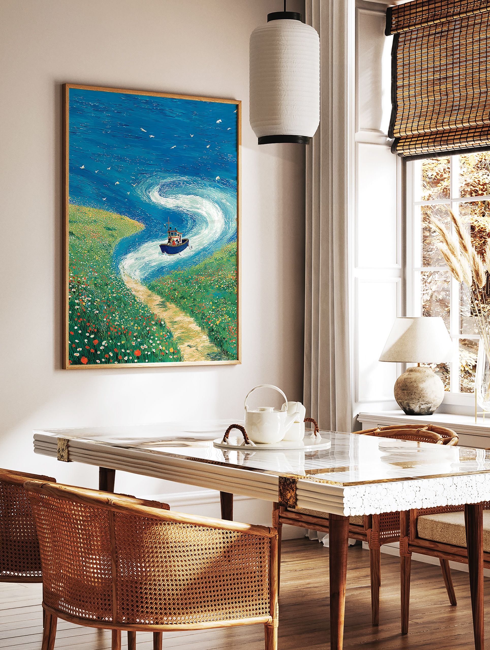 Vibrant coastal wall art featuring a blue boat on a swirling blue sea next to a green field of colorful wildflowers and a path. - Image 2