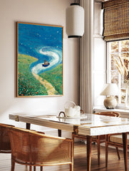 Vibrant coastal wall art featuring a blue boat on a swirling blue sea next to a green field of colorful wildflowers and a path. - Image 2
